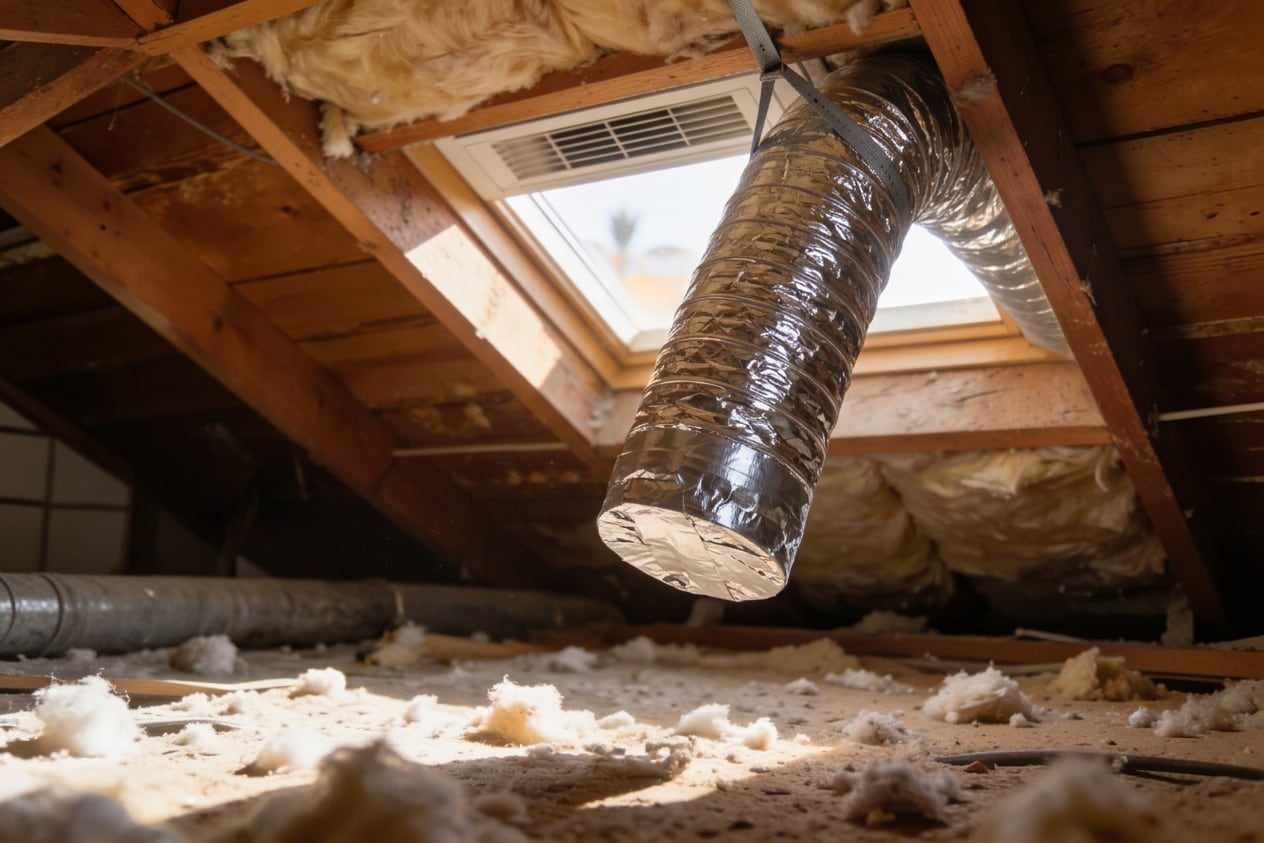 A new tightly strapped duct with clean silver insulation in the same attic