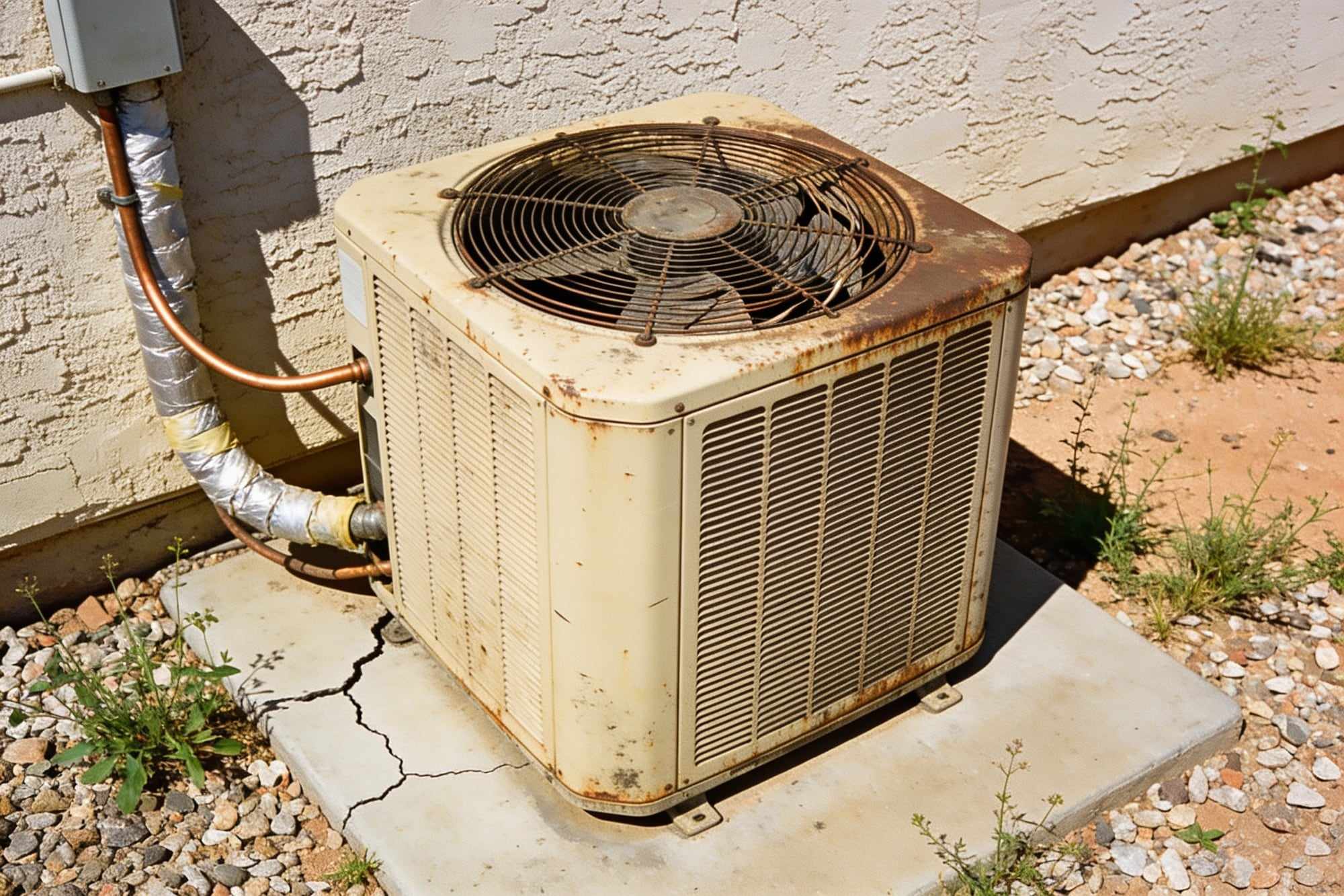 An old rusty beige AC unit with bent fins on a cracked pad, weeds in the gravel