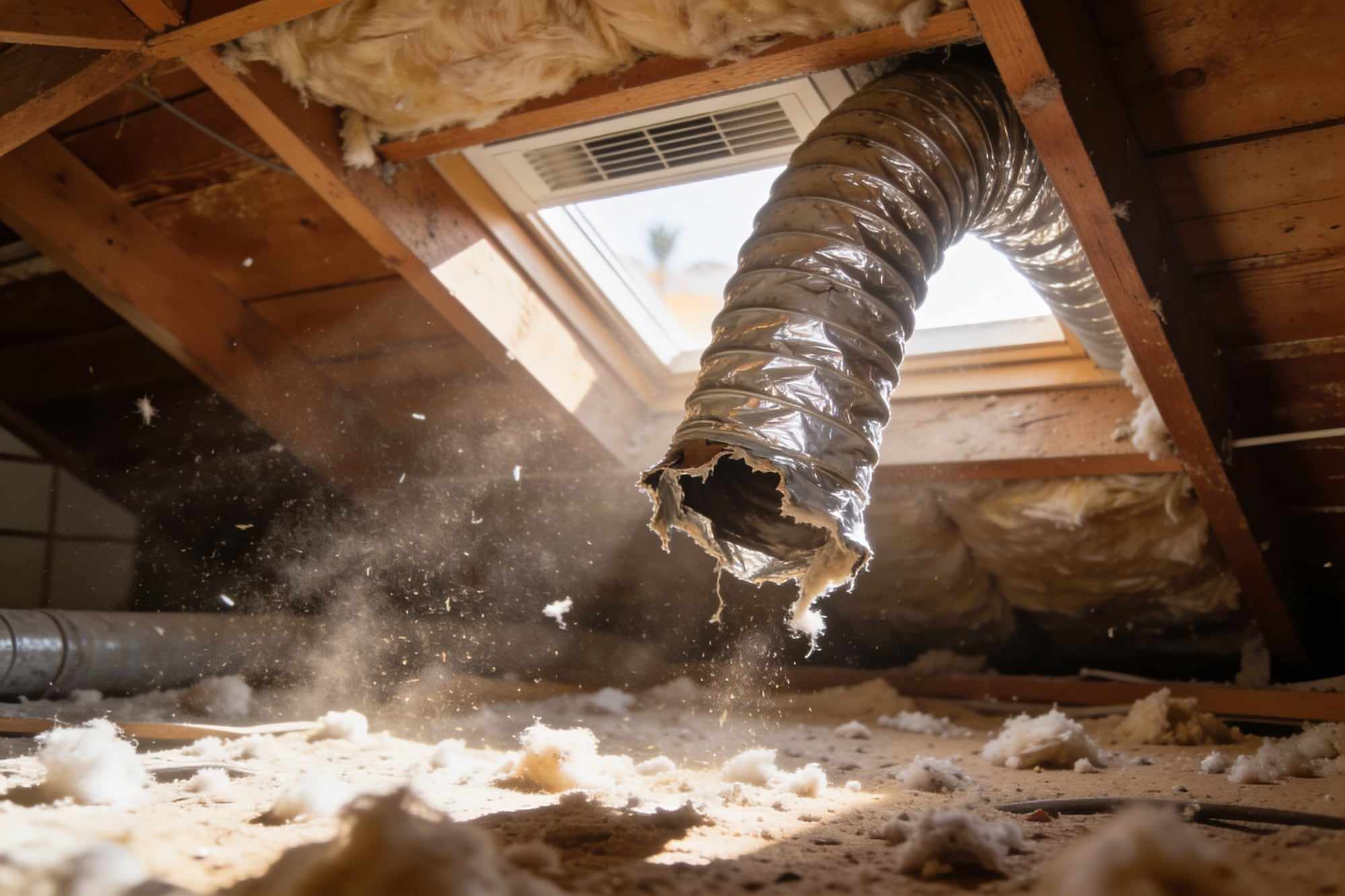 A torn old duct sagging in a dusty attic, its insulation hanging loose