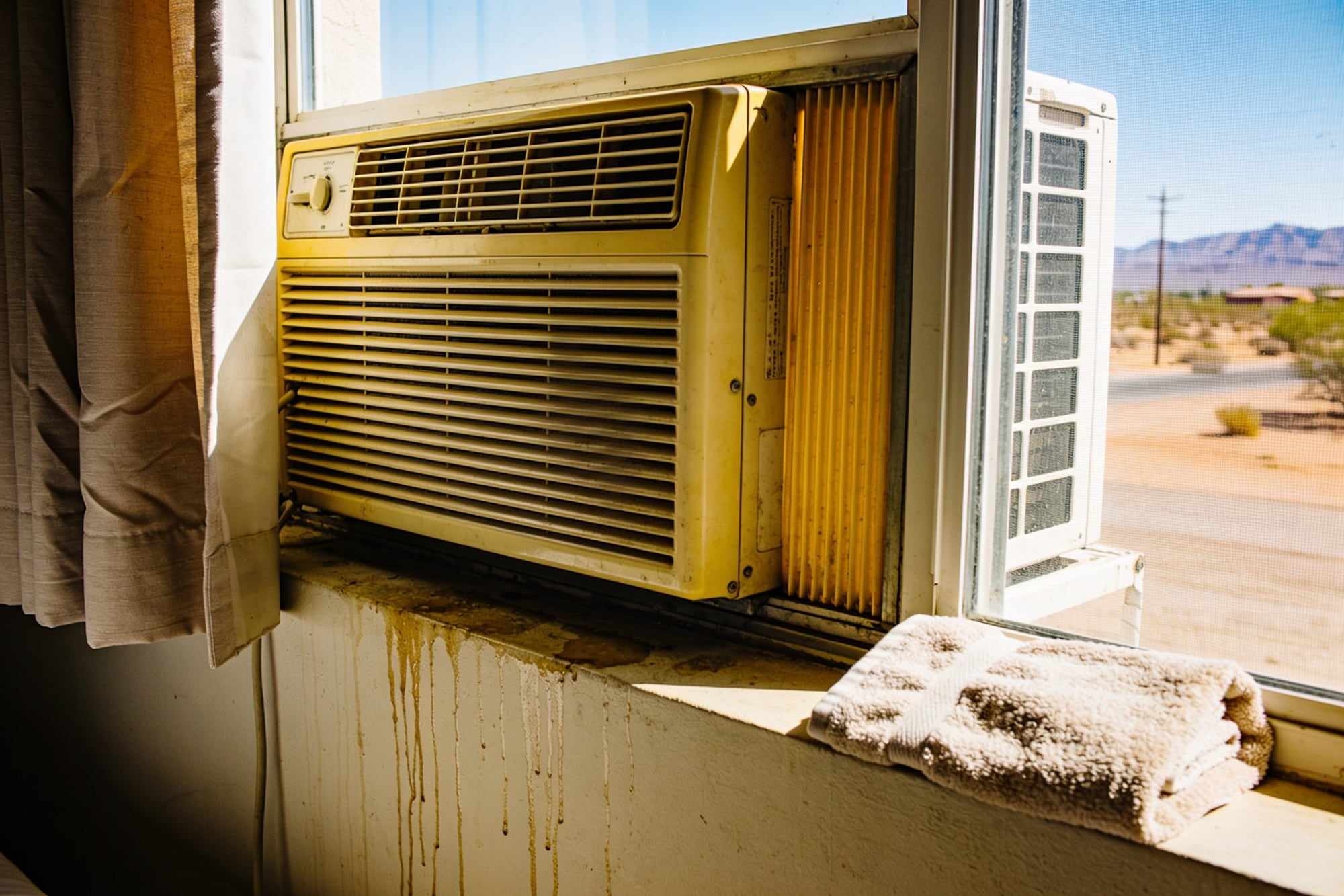 An old yellowed window AC unit in a bedroom window with water stains below