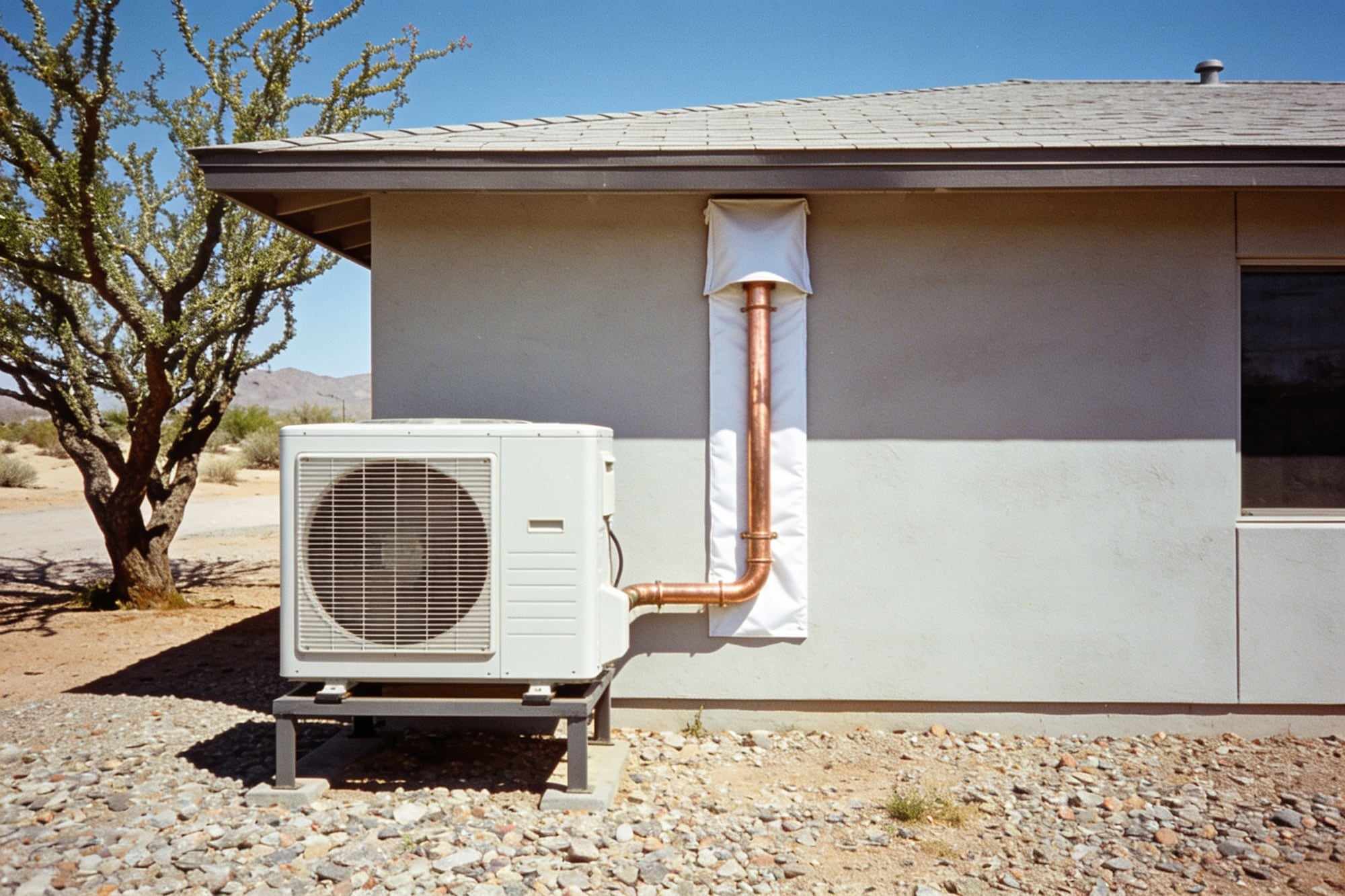 A new white heat pump outdoor unit beside a modern single-storey desert home