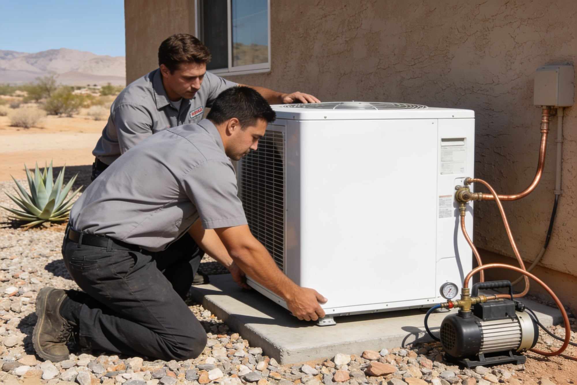 Two technicians setting a new white outdoor AC unit on a concrete pad beside a stucco house