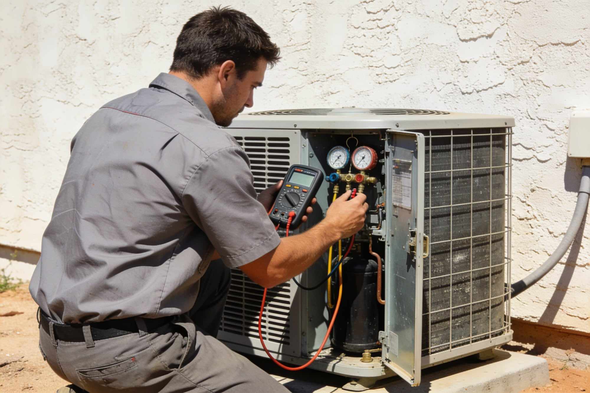 A technician checking an outdoor AC unit with a multimeter and refrigerant gauges