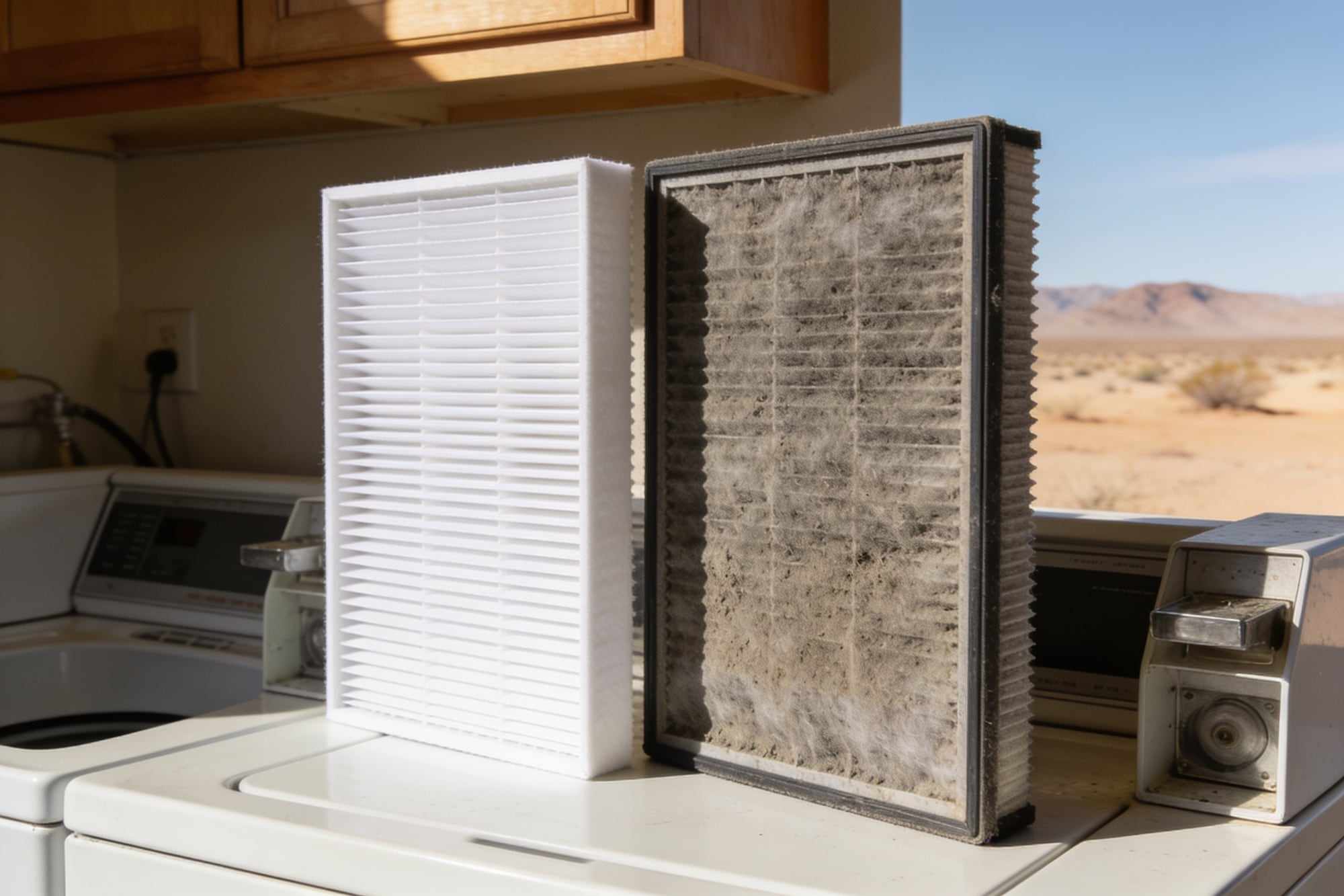 A clean white air filter beside a dirty grey one on a counter