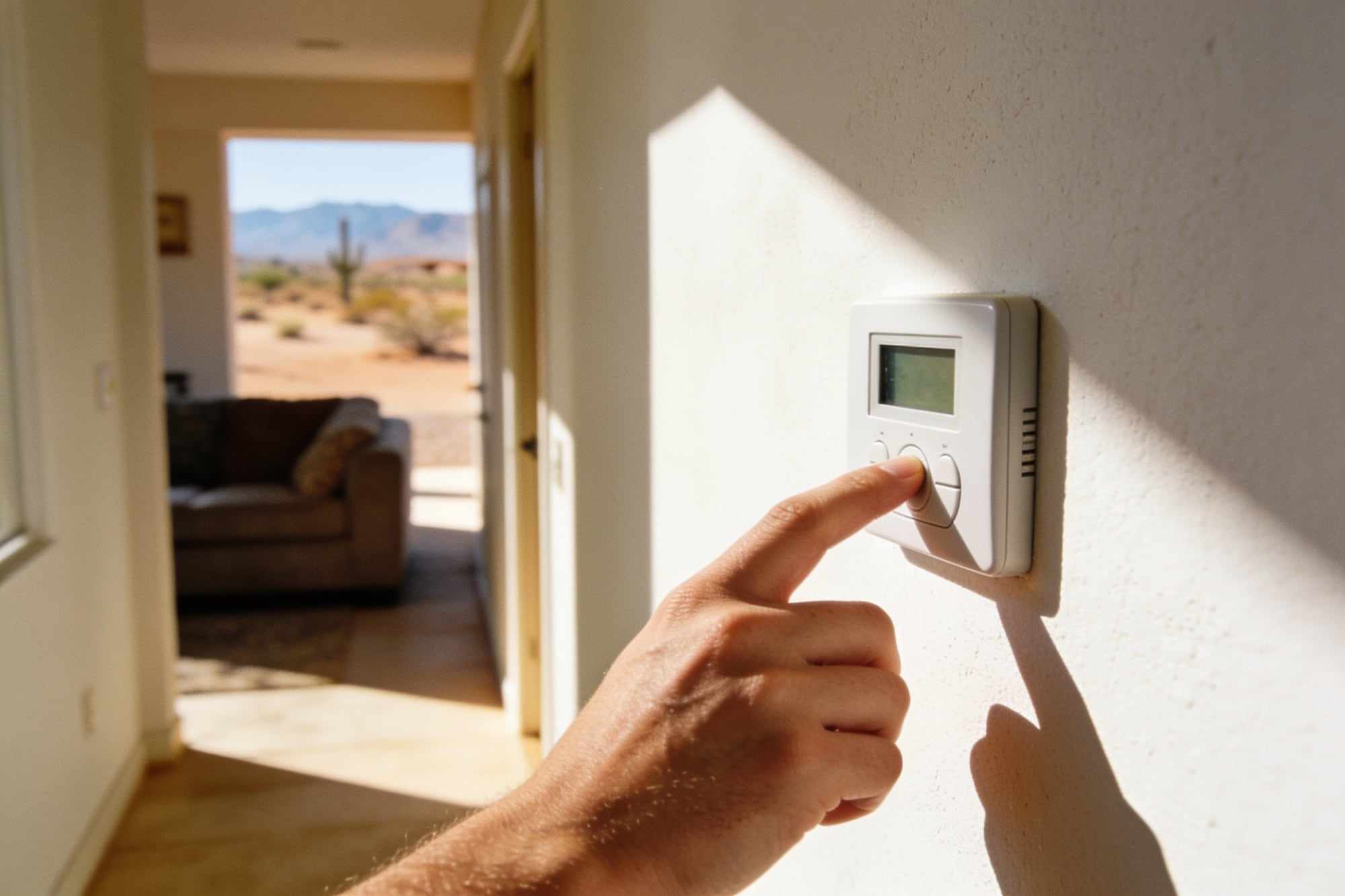 A hand adjusting a plain wall thermostat in a sunny hallway
