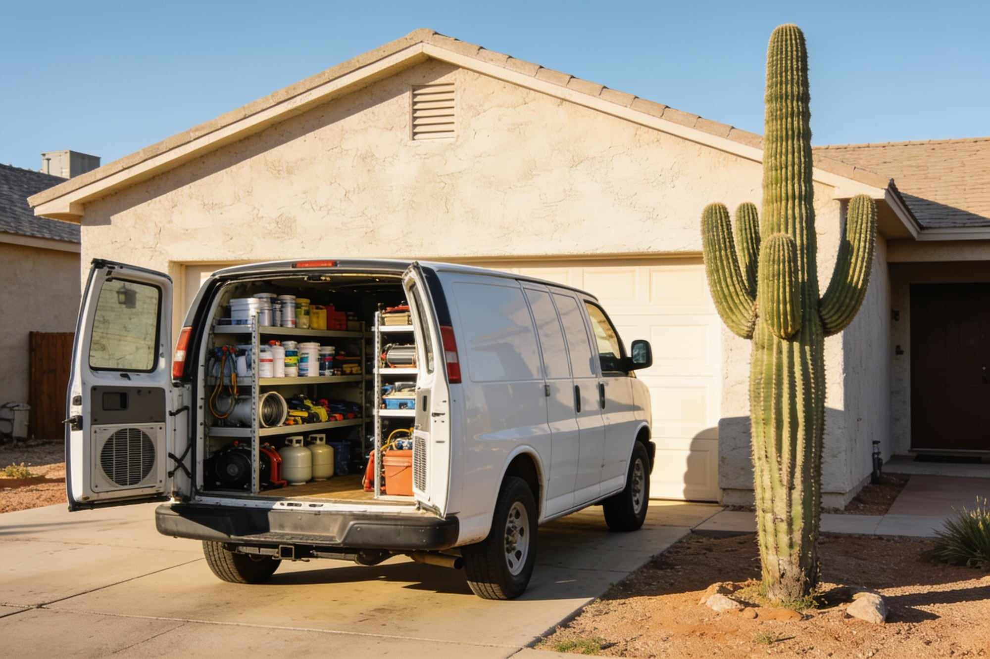 A white service van in the driveway of a desert home with a saguaro cactus, its back doors open on shelves of parts